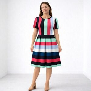 LuLaRoe Amelia Dress M Colorblock Stripe Unicorn Pleated Pockets Stretch